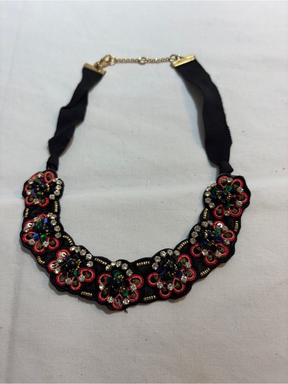 Vintage-inspired Black Ribbon Floral Sequin Statement Necklace 18 inch